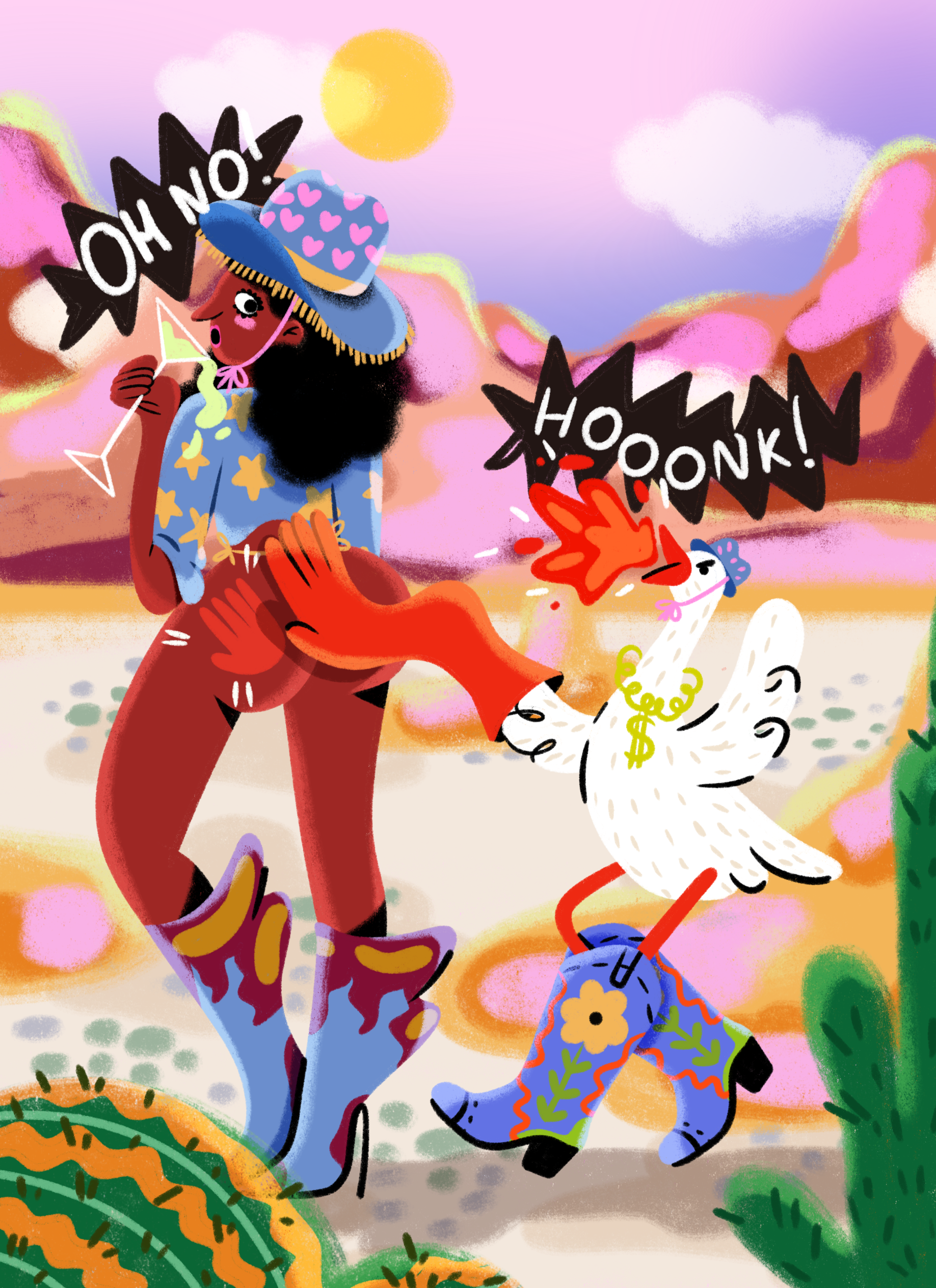 IT’S COWGIRL SUMMER!!! 2d bird art bird illustration character design commercial cool art cowboy cowgirl cowgirl art cowgirl vibes cute art goose handdrawn illustration landscape art nature art procreate texas art texas drawing