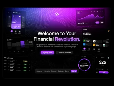 Fintech Hero Section bank blue crypto dark elements financial fintech hero landing menu down page pattern purple revolut section ui