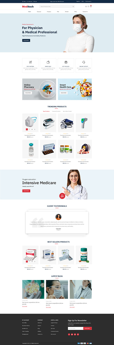 Meditech – Medical eCommerce Website UI Design clinicdesign ecommercedesign ecommerceui healthcareui hospitalstore medicalsupply medicalwebsite medshop medtech minimalui pharmacydesign productpage responsiveweb uxdesign webdesign