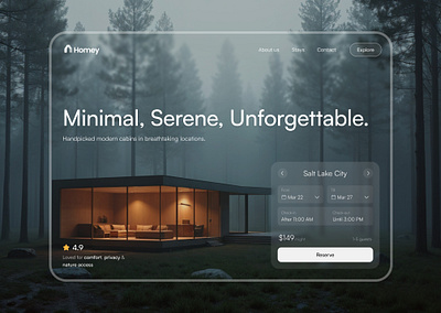 Nature Booking UI — Calm, Click, Reserve. ai booking cabin datepicker dropdown futuristic hero home hotel house inspiration landing minimal minimalistiv modern reservation reserve smooth website wood