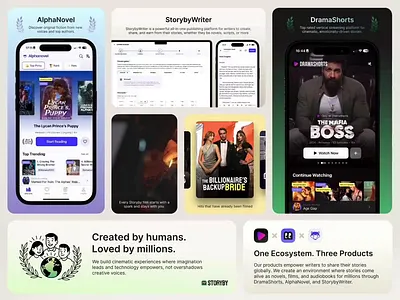 Storyby - Products Bento alphanovel branding design dramashorts graphic design ios konturpasha storyby storybywriter typography