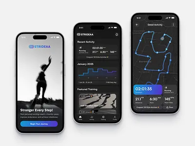 Running Mobile App Exploration app clean dark design fireart map progress running sport stats tracking ui ux