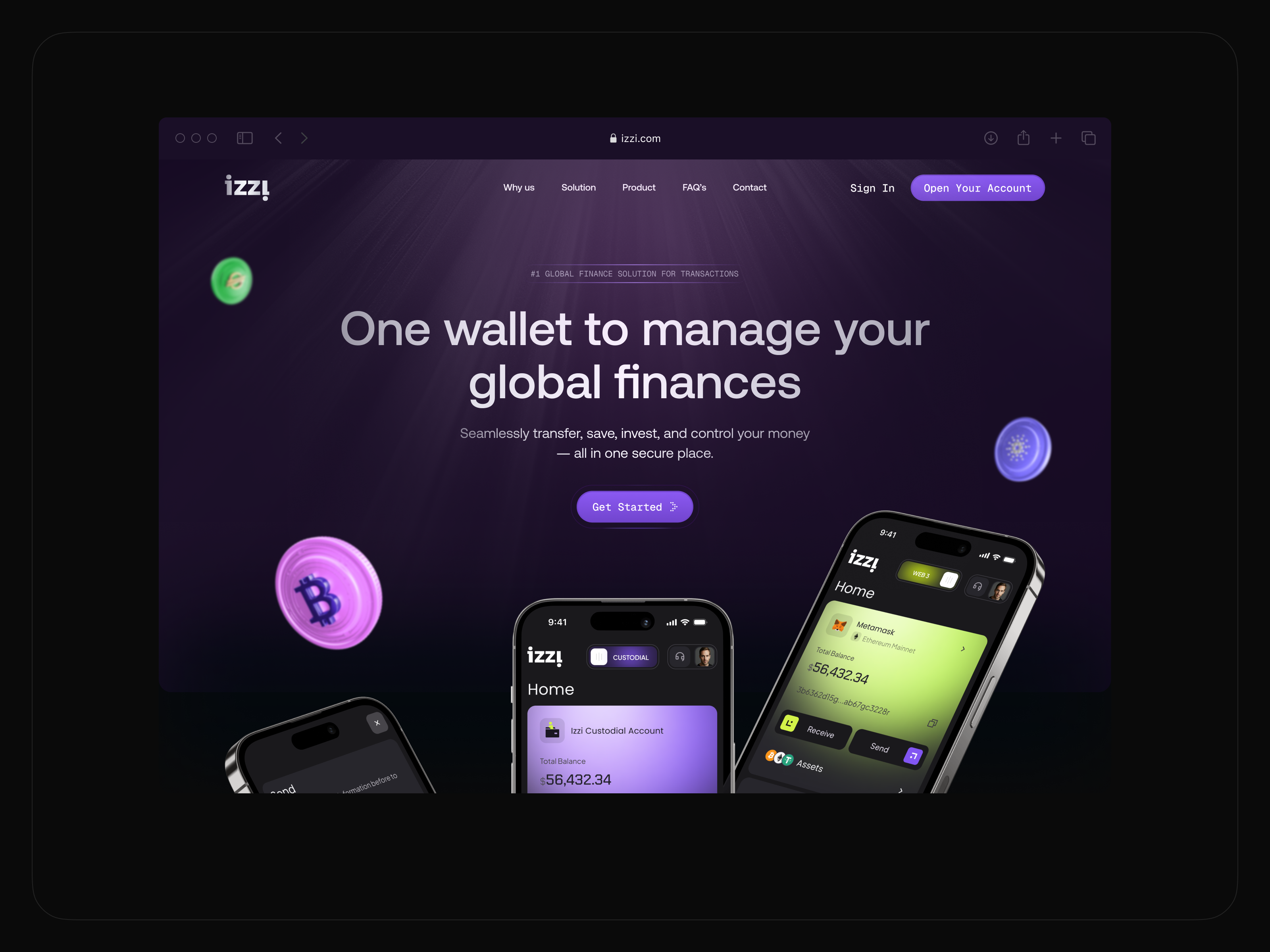 Izzi — One Wallet for Global Finances 3d animation clean interface crypto ui dark mode digital wallet finance app fintech global payments gradient ui hero section landing page product design saas website startup design ui ui animation ux web app web3