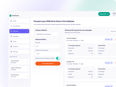 DNA Match Dashboard – Exploring Genetic Connections 🧬 ancestry dashboard dna dna match dna results dna tool gedmatch redesign search results ui ux