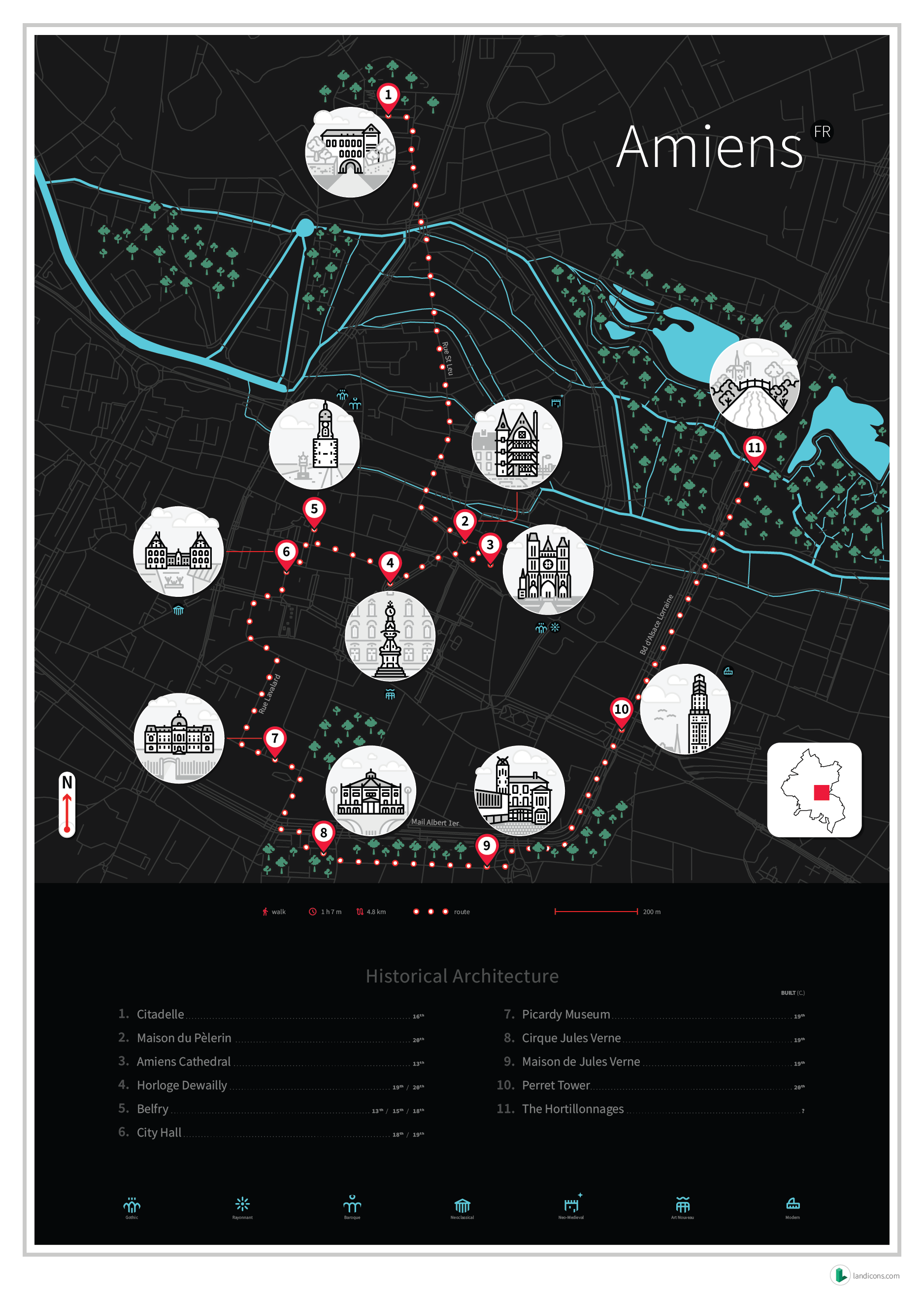 Amiens, France – Historical Architecture Poster amiens architecture france illustrations landmarks map poster tourism