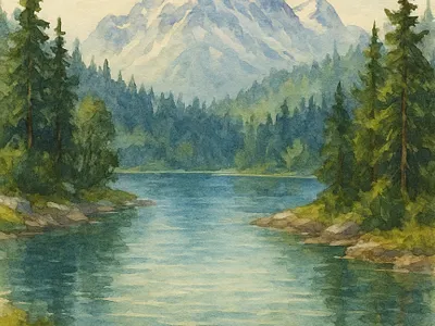 Mountain lake in foggy light ai forest illustration mountain oilart