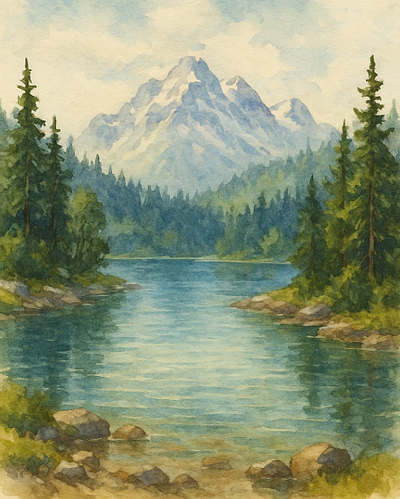 Mountain lake in foggy light ai forest illustration mountain oilart