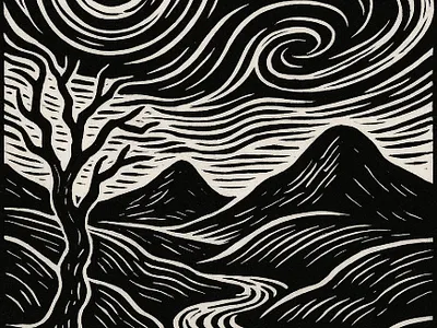 Surrealistic landscape in linocut blacklwhiteart landscape surrealist surrealistart whiteblack