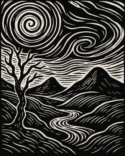 Surrealistic landscape in linocut blacklwhiteart landscape surrealist surrealistart whiteblack