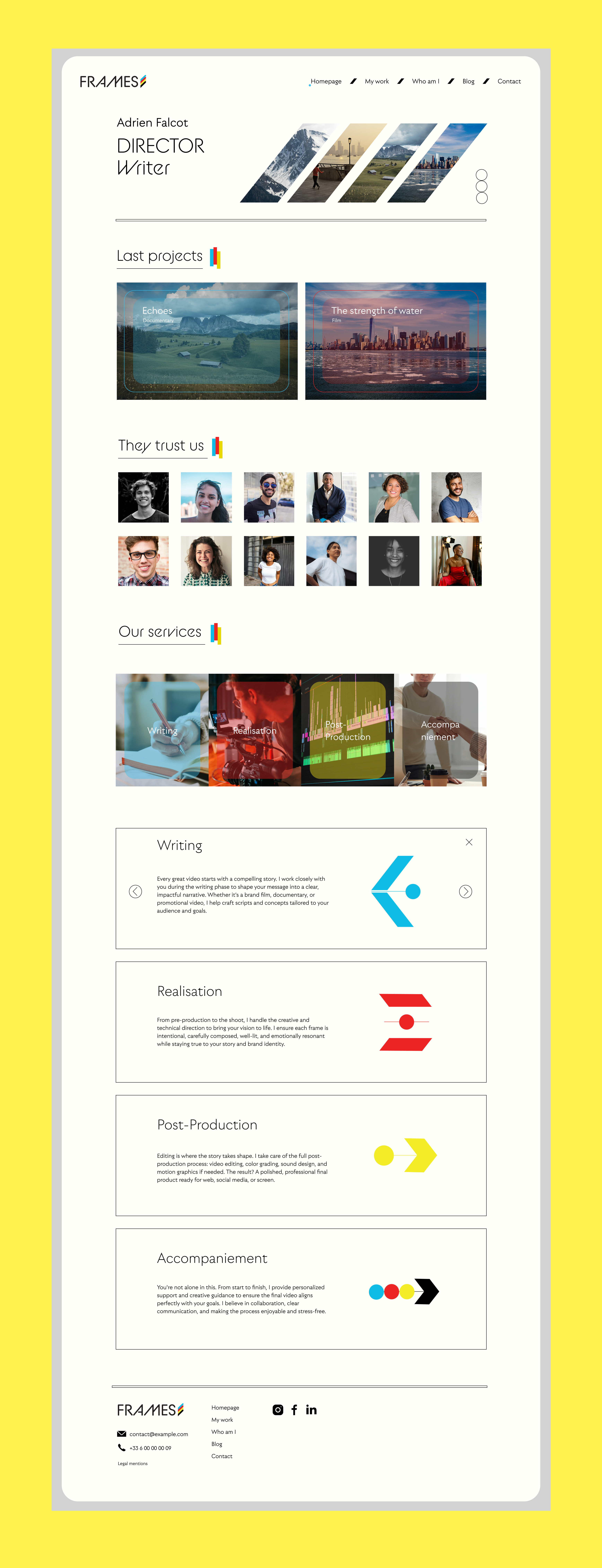 🎬 Frames – A Portfolio for Storytellers branding colorful director figma freelance graphic design illustrator modernui photo typography ui ux vibrant video writer