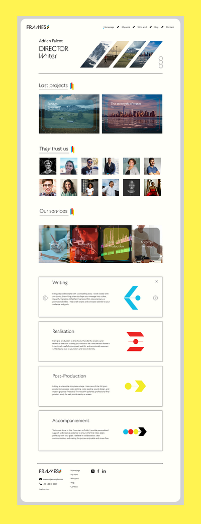 🎬 Frames – A Portfolio for Storytellers branding colorful director figma freelance graphic design illustrator modernui photo typography ui ux vibrant video writer