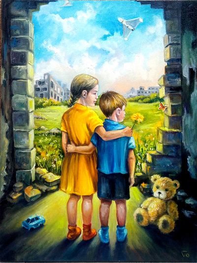 "Butterfly" - Original Oil Painting, War and Children, Symbolic art children design drone hand painted handmade kids nature paint painting war