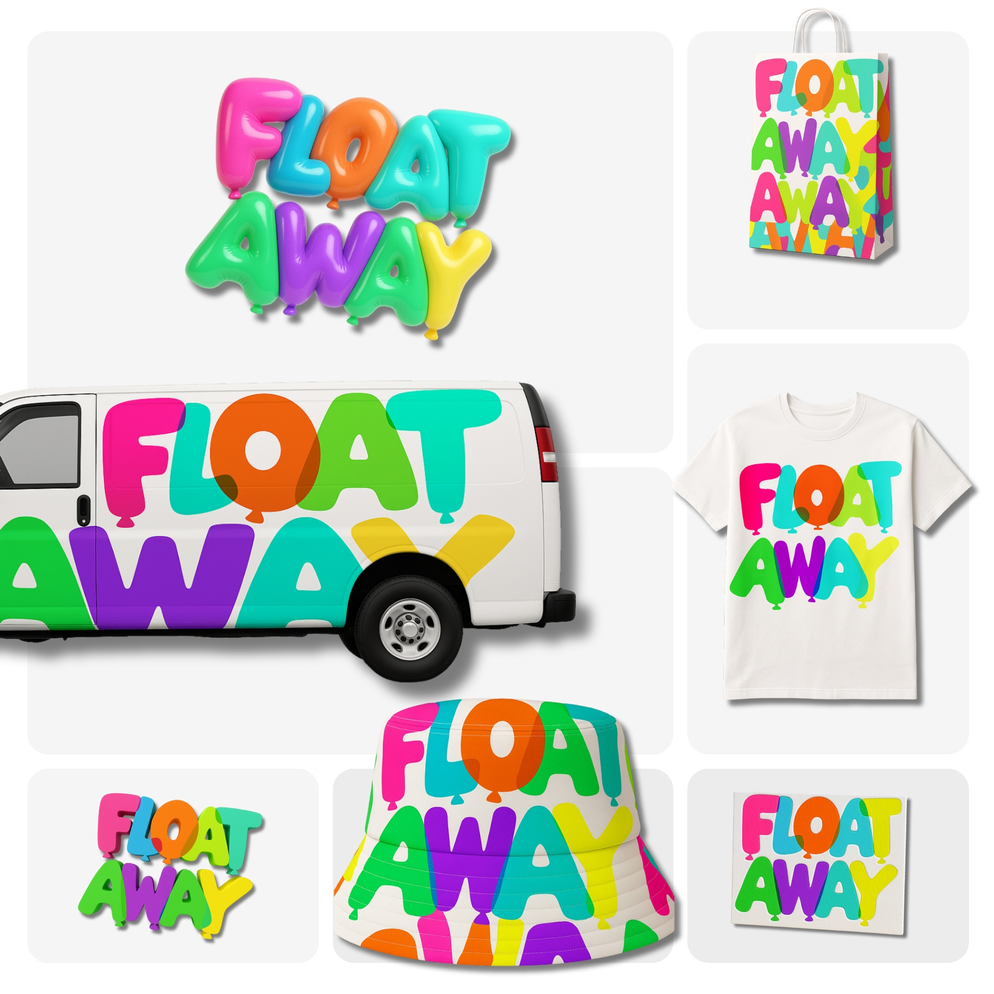 FloatAway Brand Identity Design balloon balloon company brand identity branding business card cap colorful dynamic event float hand drawn illustration logo design minimal modern party symbolic van wrap vehicle wrap wordmark