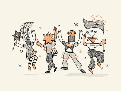 Dancers characters dancers dancing design handmade illustration lines man stars team vector woman