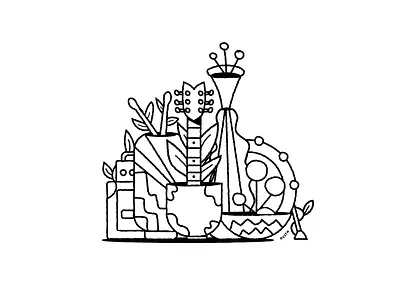 Band of life band band of life blackandwhite drum kit guitar illustration instruments music plants pots trumpet