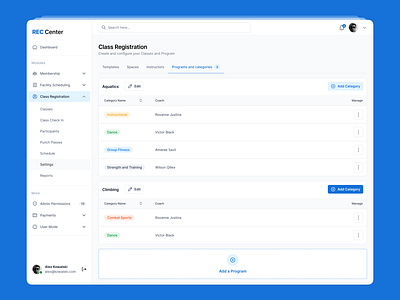 Rec Center - Class Registration app design ui ux