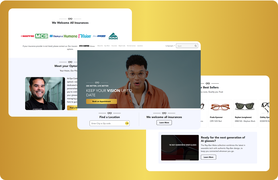 Optometry Appointment scheduling website animation appointment scheduling ecommerce eyewear golden golden website graphic design optometry optometry website ui uiux webdesign website white