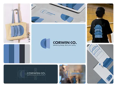Corwin Co. Architectural identity for clarity-driven glasswork. architecture blue brand branding card design envelope glass logo shirt tote