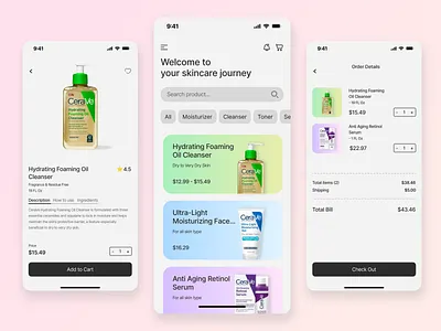 Skincare product app apple cerave clean figma fresh ios iphone mobile app new pink popular product skincare trending ui