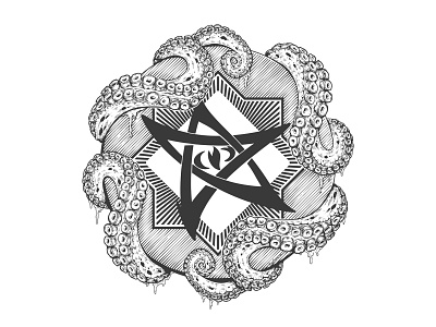 Elder sign arkhamlcg black and white branding dark engraving etching fantasy graphic art horror illustration ink logo lovecraft merch octopus tentacles