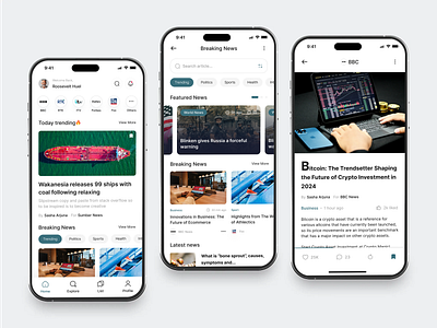 Modern News App UI card design category section cleanui comments screen company detail page creative app creative bottom meny feature section light mode design minimaldesign mobileappdesign news app news detail page newsapp notification screen profile page search flow tab treading card design treading design