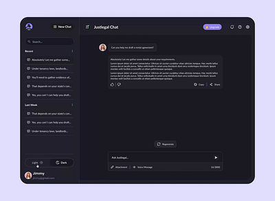 Legal Chat UI – Light & Dark Mode app design artistic rishi chat ui chatgpt chatting dark mode design legal platform ui light mode mobile app design rishikesh malviya support ui ui design uiux upgrade web app web ui website website design