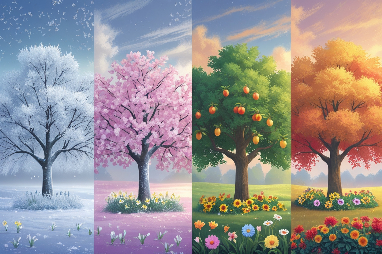 Four Seasons: A Floral and Arboreal Symphony 3d 3d art ai art autumn cgi colorful environment flowers four seasons illustration nature season snow spring summer tree trees winter