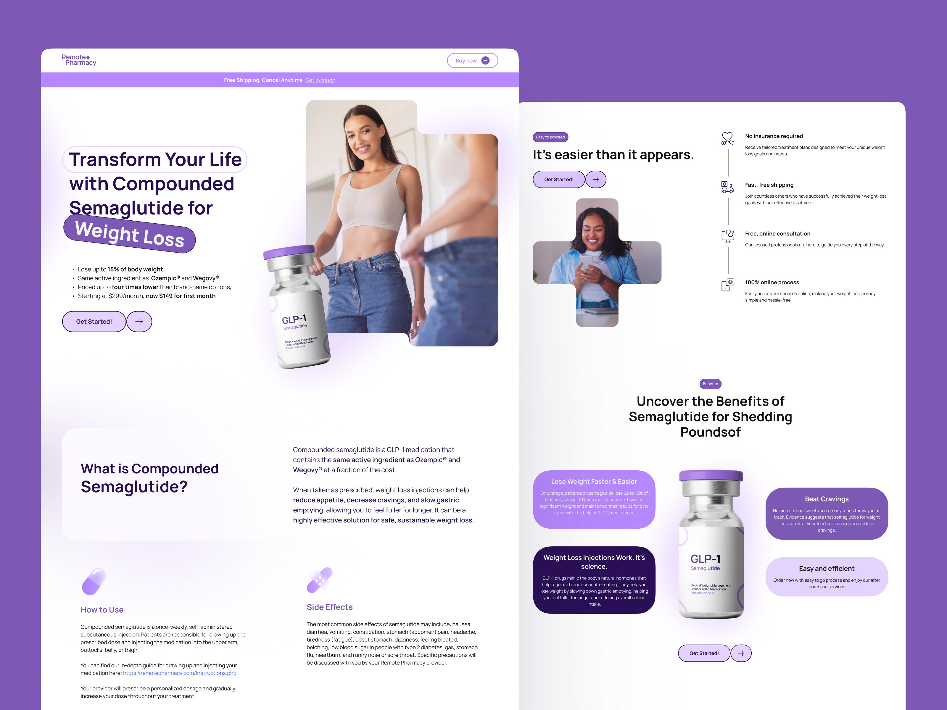 Remote Pharmacy Landing Page cro design ecommerce graphic design healthcare landing page product design pruple space ui ux wellbeing white