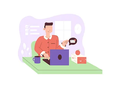 Worker at office apple cup design home hybrid illustration mobile plants productive remote smart table ui vector work