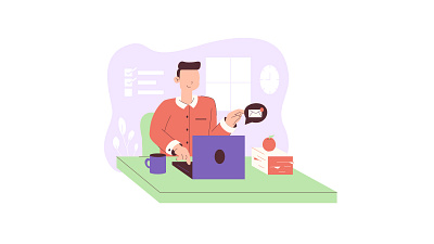 Worker at office apple cup design home hybrid illustration mobile plants productive remote smart table ui vector work