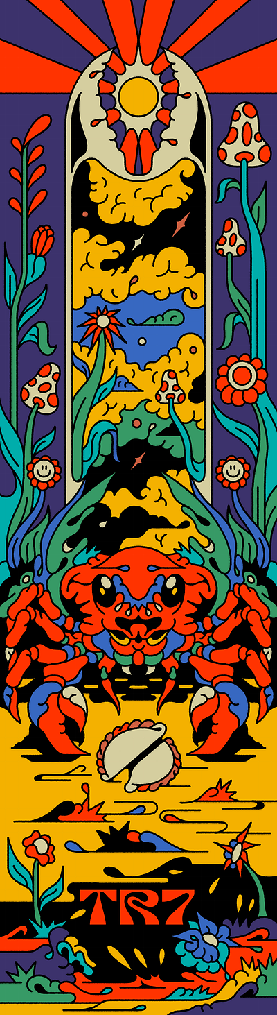 TR7 Skate album branding colorful crab death deck design flower graphic design grass illustration merch mushroom psychedelic skate skateboard
