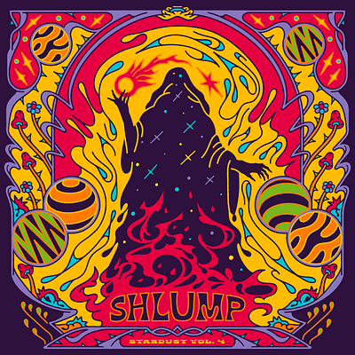 Shlump - Stardust VOl. 4 album alien branding colorful death design dust flames graphic design illustration merch mushroom psychedelic shlump typography universe