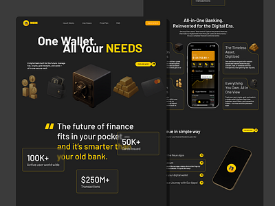 NEUE Digital Wallet Bank Invest Home Website Design🤑 3d icon bank black website credit card crypto dark theme dark ui digital bank digital bank website design digital wallet e wallet finance gold landing page minimalistic wallet web design website website design