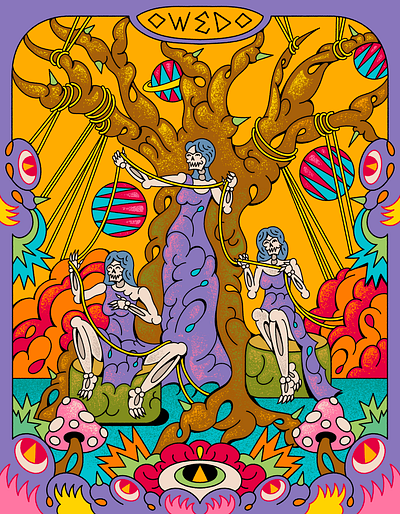 OWEDO - The Norns album branding colorful death design flower graphic design illustration lowbrow merch mushroom norns planet psychedelic skull sroom tree universe women