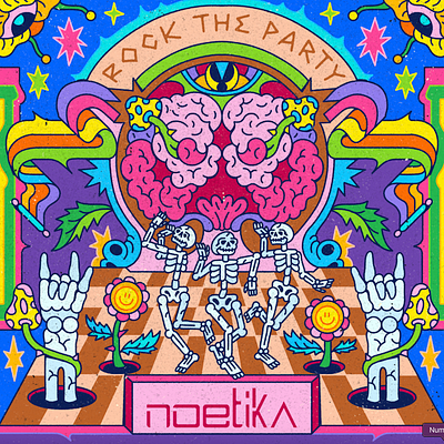 Noetika - Rock The Party album brain branding colorful cover death design eye flower graphic design illustration merch mushroom party psyhcedelic rock skeleton skull