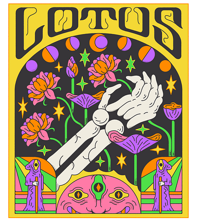 Poster for Lotus Band album branding colorful cover death design flower graphic design illustration lotus merch mushroom music poster psychedelic reaper skull universe