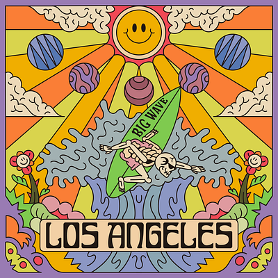 Gussy - LA album branding colorful death design flower graphic design illustration la los angeles merch mushroom planet psychedelic skull sun surf universe wave