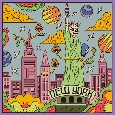 Gussy - NY album branding city colorful death design graphic design illustration liberty merch mushroom new york ny planet pop art psychedelic skull town universe