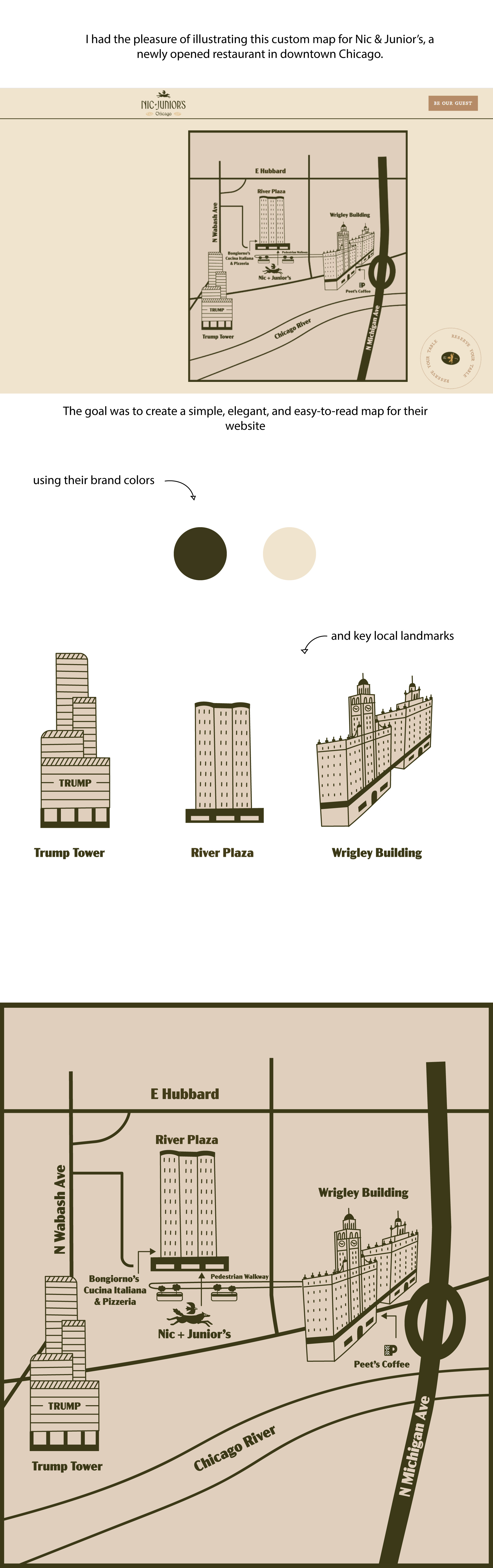 Custom Restaurant Map, Chicago brand design branding chicago chicago map custom map destination map graphic design illustrated map illustration location map map map illustration restaurant branding restaurant map tourist map web map