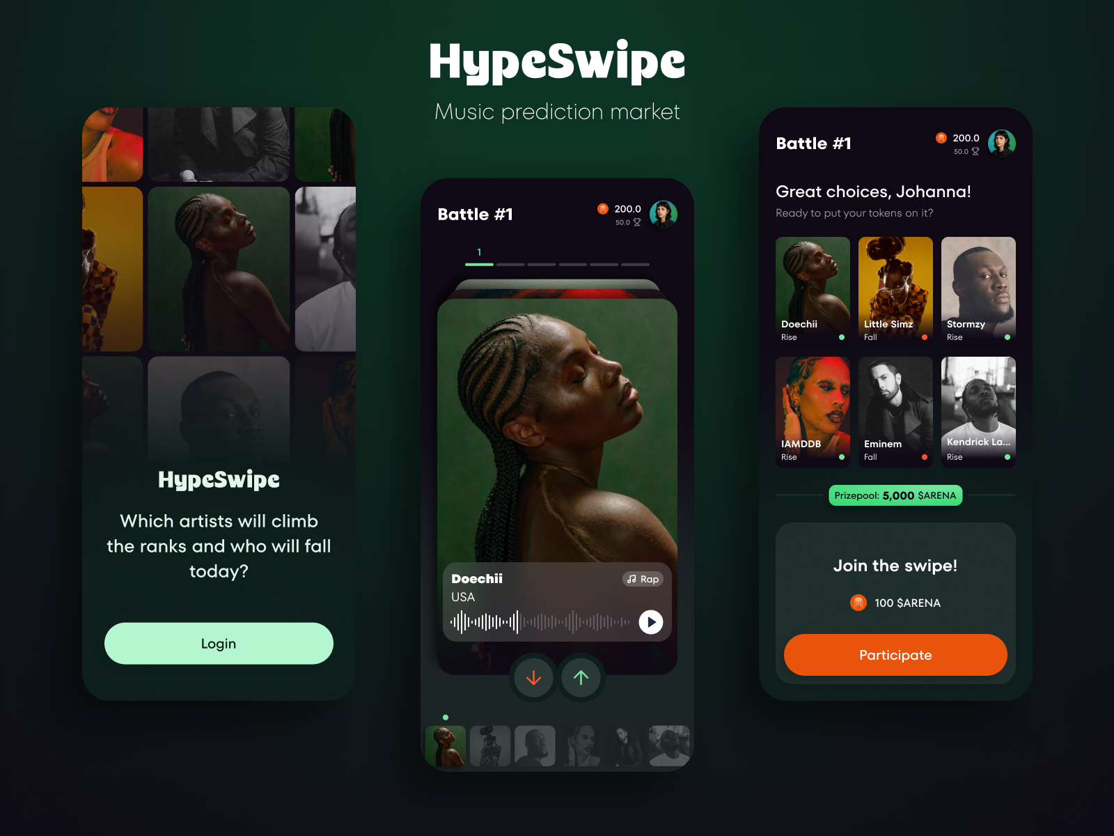 HypeSwipe - Music Prediction Market app app design betting blockchain charts crypto fintech music music app music stats onboard profile page splash screen spotify swipe tinder user experience user interface vote web3