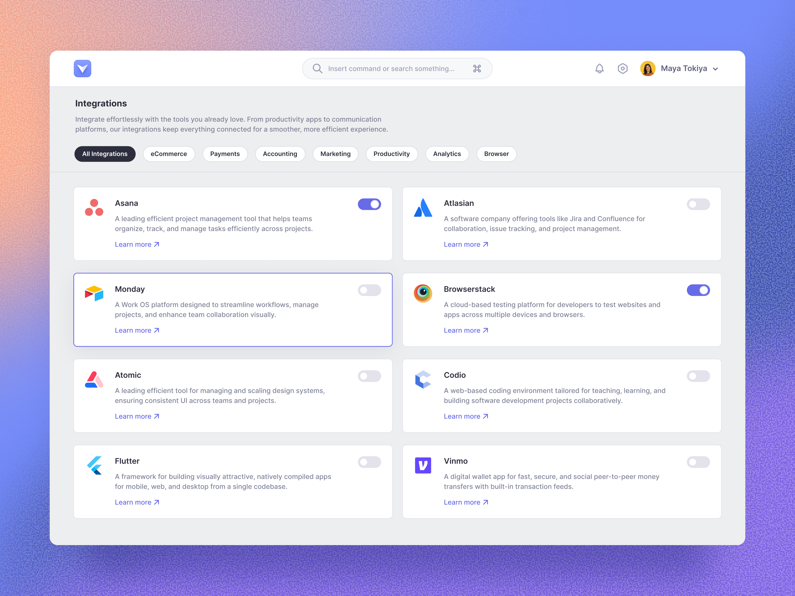 UI exploration for an Integrations page card ui cardui clean components dashboard designsystem manage integrations minimalist productdesign saas sales tools settins page toggle ui uipattern ux visualdesign webapp