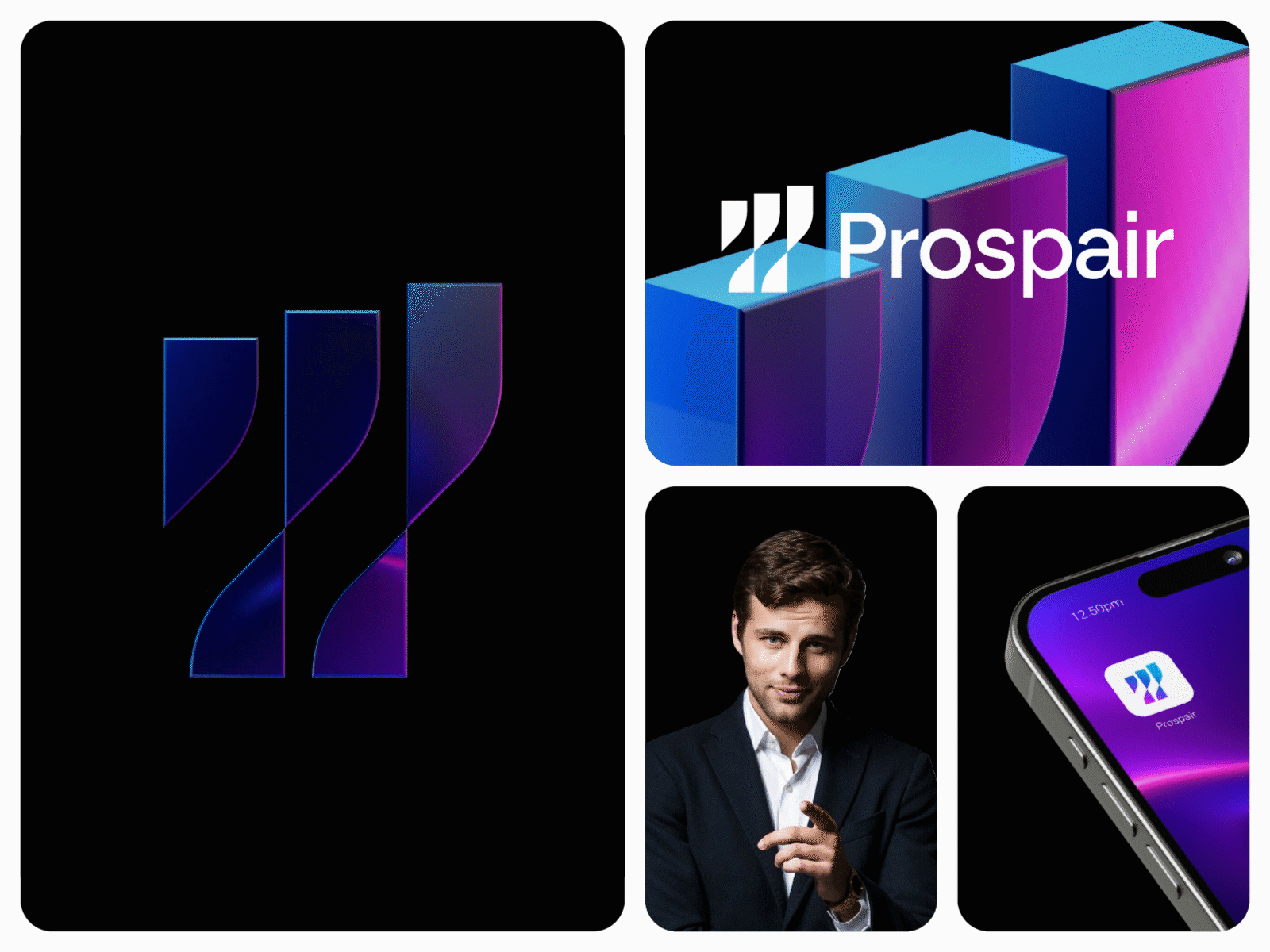 Prospair Visual Identity Design 3d logo abstract logo ai solutions analytics brand identity branding digital gradient logo growth innovative logo logo design marketing modern logo performace prosper saas visual identity