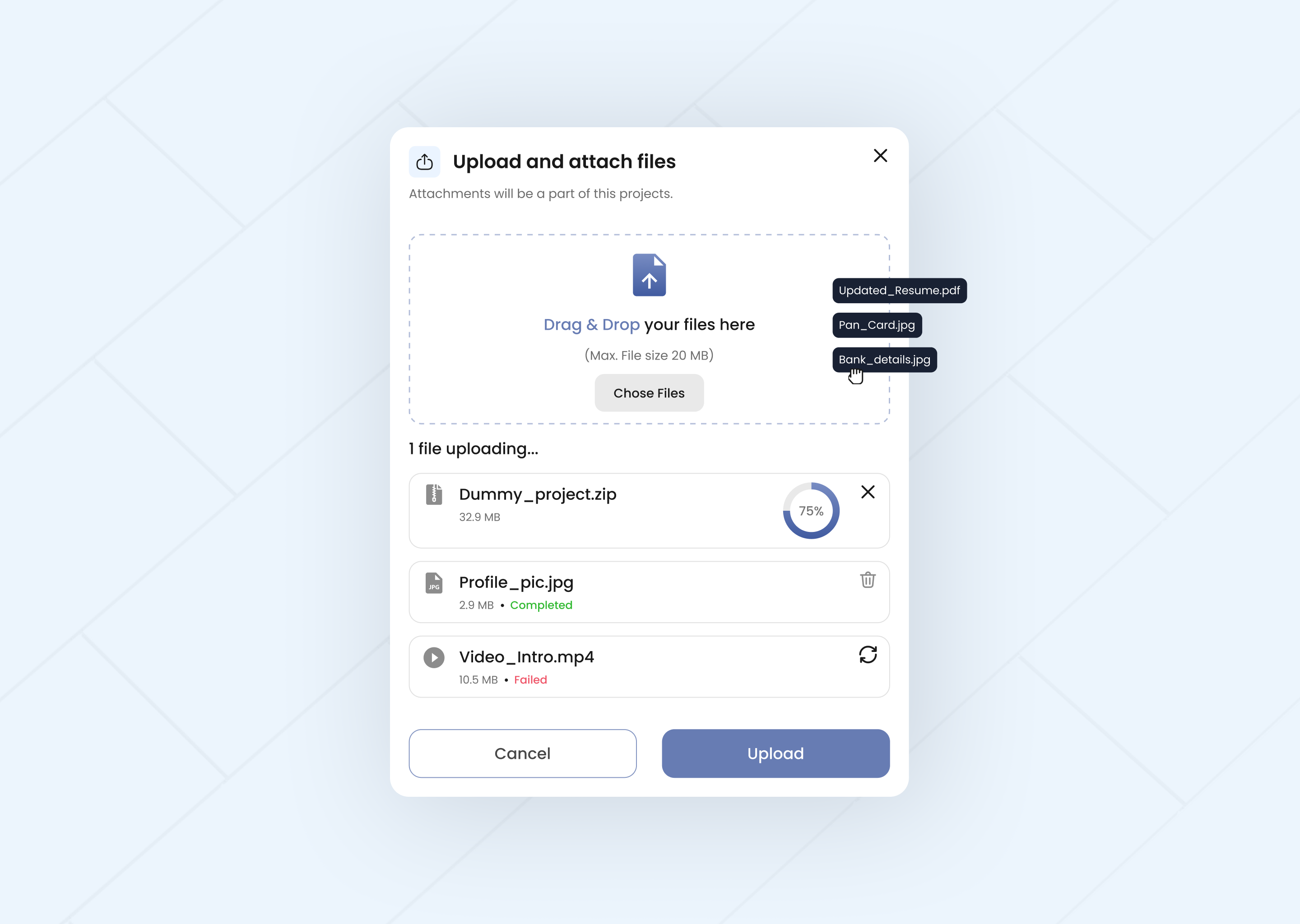 Upload Files Interface – UI Component Design admin design artistic rishi completed state component dashboard design drag and drop failed state file upload icons popup refress rishikesh malviya saas ui ui design ui element ui ux upload file upload process