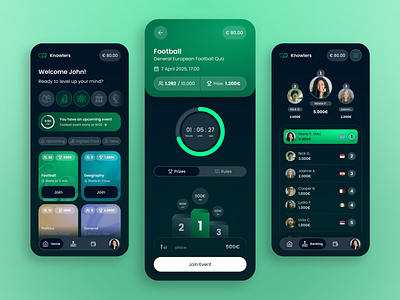 Knowledge Quiz App bottom menu cash rewards educational app figma game app ui gamified learning general knowledge knowledge app leaderboard ui mobile app mobile menu quiz quiz app quiz game trivia app ui user experience user interface ux