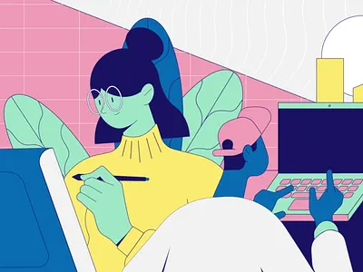 "Remote Working" Editorial Character Animation 2d animation cartoon city computers digital age editorial page emoticons home office motion graphics pastels plants remote work vector