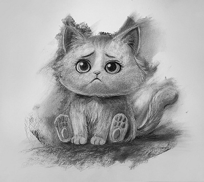 Sad little cartoon cat animal art arte charcoal desenho dibujo drawing