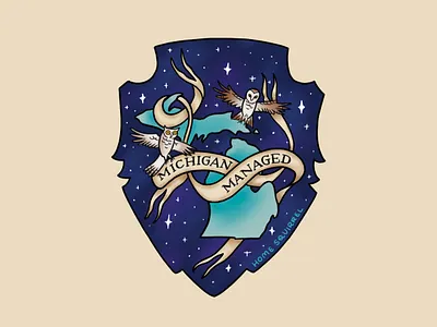 Michigan Managed badge hand drawn hand lettering harry potter hedwig hogwarts illustration lettering map marauders map medieval michigan midwest owl scroll shield sticker wizard