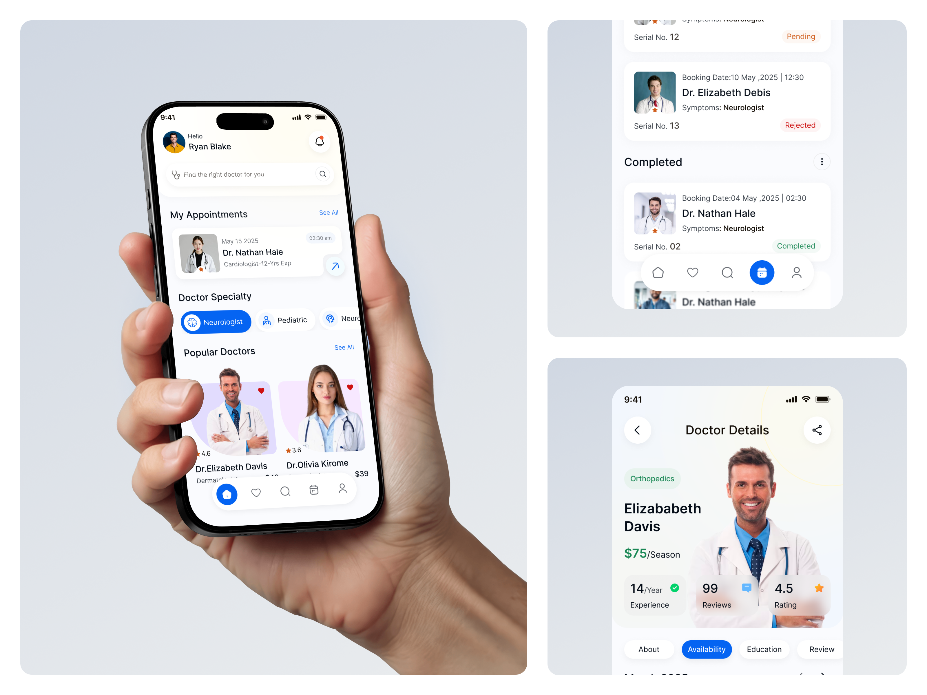 Doctor Appointment Mobile App app design appointment app booking app clean ui clinic app doctor appointment app doctor mobile app fitness app health tracker healthcareapp healthtech medicalapp medicare mobile design mobile ui mobilehealth online doctor patient app user interface wellness app