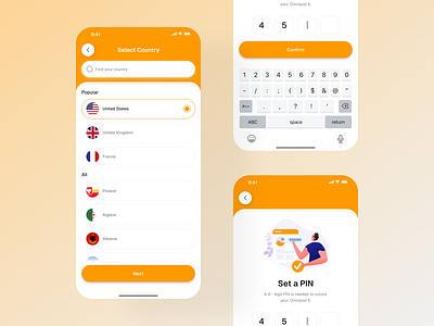Country Selection & Set Pin Mobile App Ui app design choose counter county design filter input language list menu menu minimal pin screen saas search security select country selector ui uiux ux