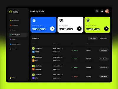 Real World Assets (RWA) - Liquidity Pools blockchainfinance cryptodashboard cryptoui defiux institutionaldefi liquiditypools realworldassets rwadesign tokenizedassets web design web3design